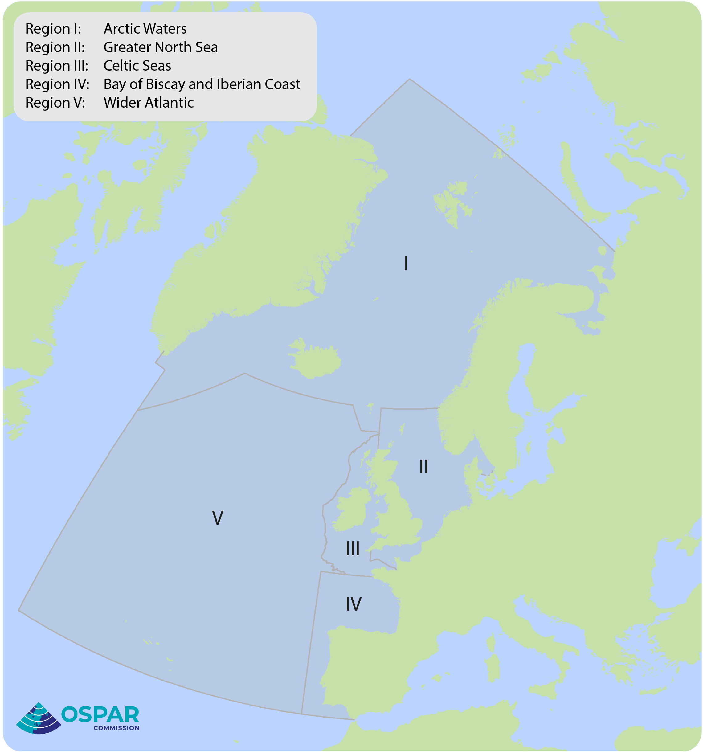 Figure 2: Location of the five OSPAR Regions comprising the OSPAR Maritime Area