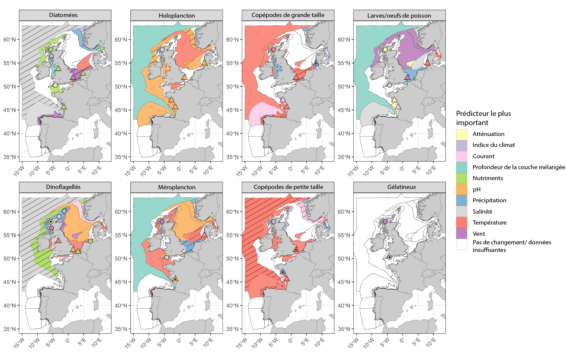 Figure 3 : Unités d'évaluation COMP4 pour huit formes de vie du plancton, colorées selon une catégorisation de la variable environnementale la plus importante pour prédire l'abondance de la forme de vie (voir la clé dans le tableau c). Les unités d'évaluation, les stations à point fixe et les panaches fluviaux avec un symbole noir interne indiquent une corrélation statistiquement significative entre les données d'essai prédites et observées, ce qui indique une plus grande fiabilité des résultats rapportés. Les unités d'évaluation remplies de blanc indiquent qu'il n'y a pas de changement dans l'abondance des formes de vie ou que les données sont insuffisantes pour évaluer une tendance. Les stations à point fixe et les panaches fluviaux ne sont affichés que lorsqu'une tendance dans l'abondance des formes de vie est présente.