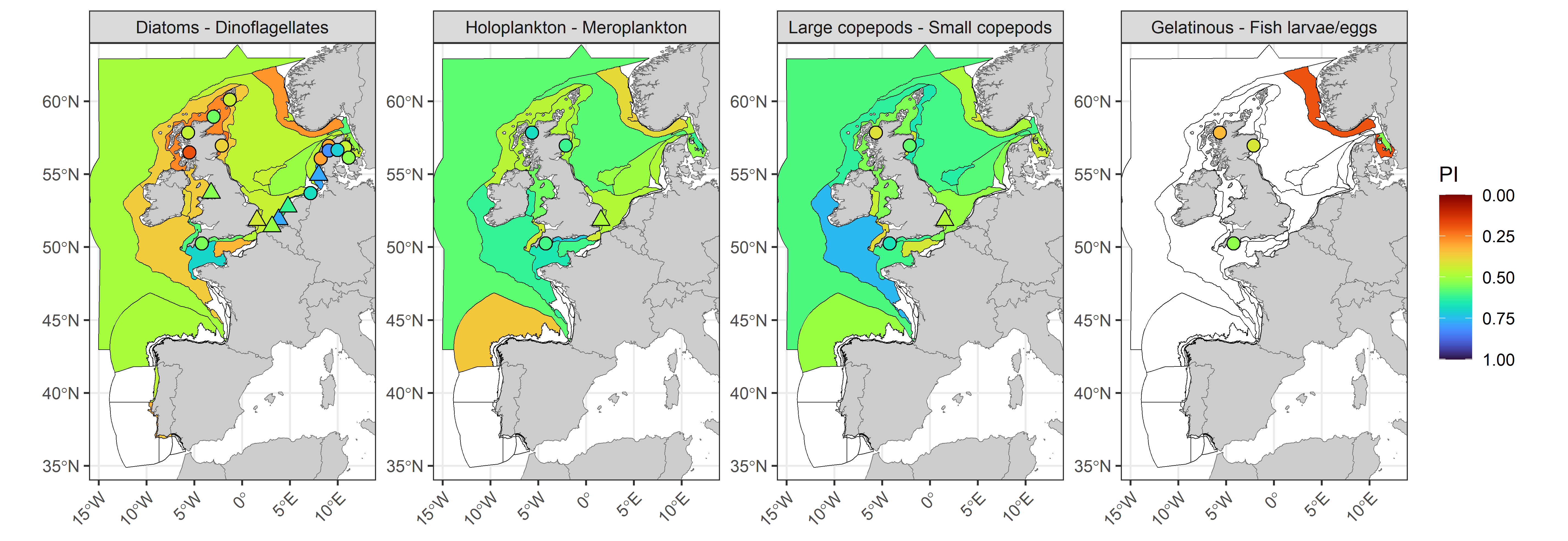 Figure k: Plankton lifeform pairs indicator (PI) for four lifeform pairs displayed over COMP4 assessment units and fixed-point stations in the Greater North Sea, Celtic Seas, Bay of Biscay and Iberian Coast. River plumes are represented as triangles. Assessment units are coloured according to the PI with an assessment period of 2015-2019 and a comparison period ranging from the beginning of each time-series up until the end of 2014. The PI indicates the proportion of months in the comparison period which fall within the assessment envelope. Assessment units filled in white indicate insufficient data to evaluate the PI.