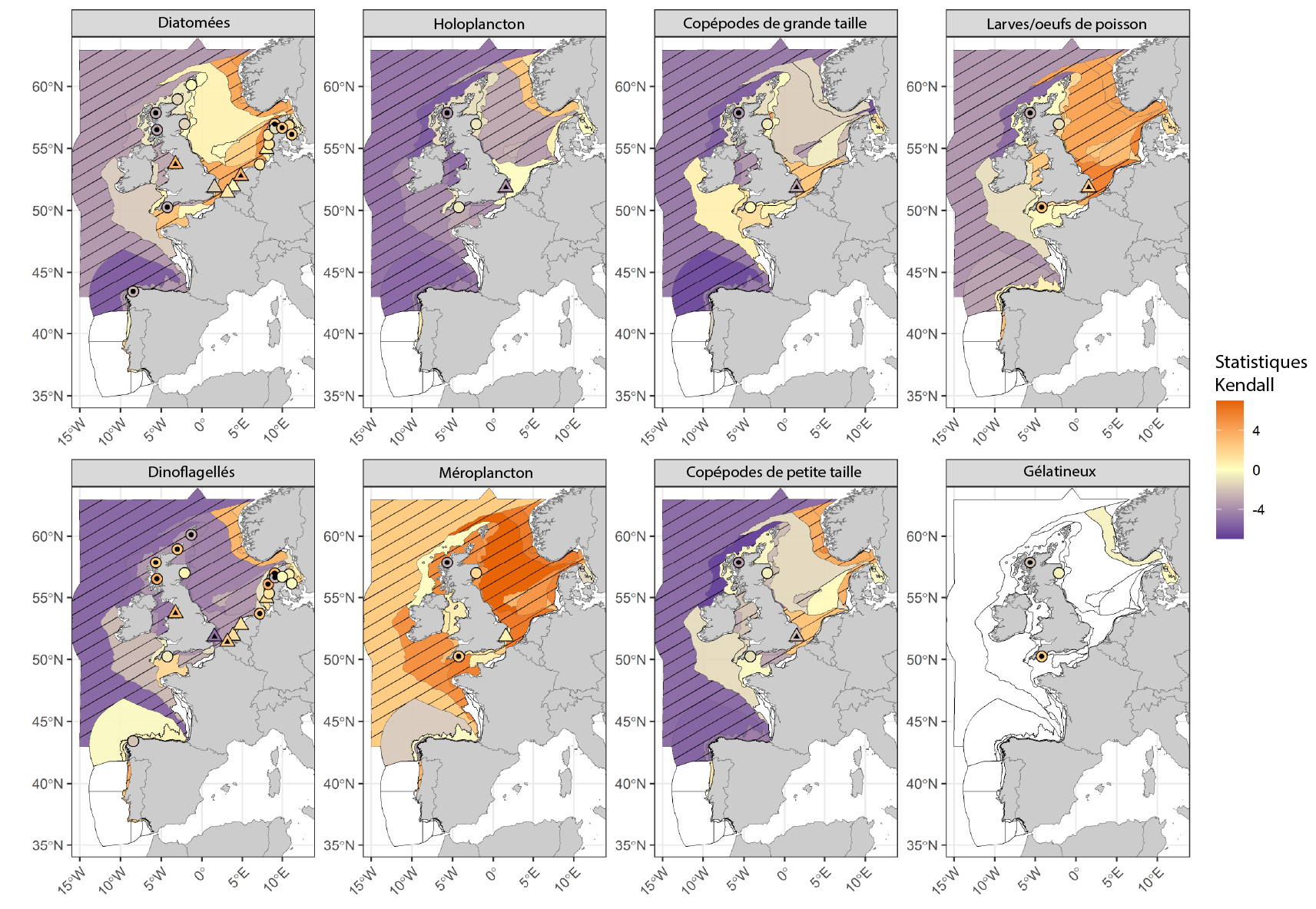 Figure 2 : Statistiques Kendall pour huit formes de vie planctoniques affichées sur les unités d'évaluation COMP4 et les stations à point fixe dans la Mer du Nord au sens large, les Mers celtiques, le golfe de Gascogne et la côte ibérique. Les panaches fluviaux sont représentés par des triangles. Les unités d'évaluation sont colorées en fonction des résultats du test de tendance de Kendall, qui indique l'ampleur de l'augmentation (> 0) et de la diminution (< 0) à long terme de l'abondance des formes de vie entre 1960 et 2019 (ou une période plus courte pour les stations fixes). Les unités d'évaluation, les stations à point fixe et les panaches fluviaux avec un symbole noir interne indiquent un changement statistiquement significatif (p ≤ 0,05). Les unités d'évaluation remplies en blanc indiquent que les données sont insuffisantes pour évaluer une tendance.