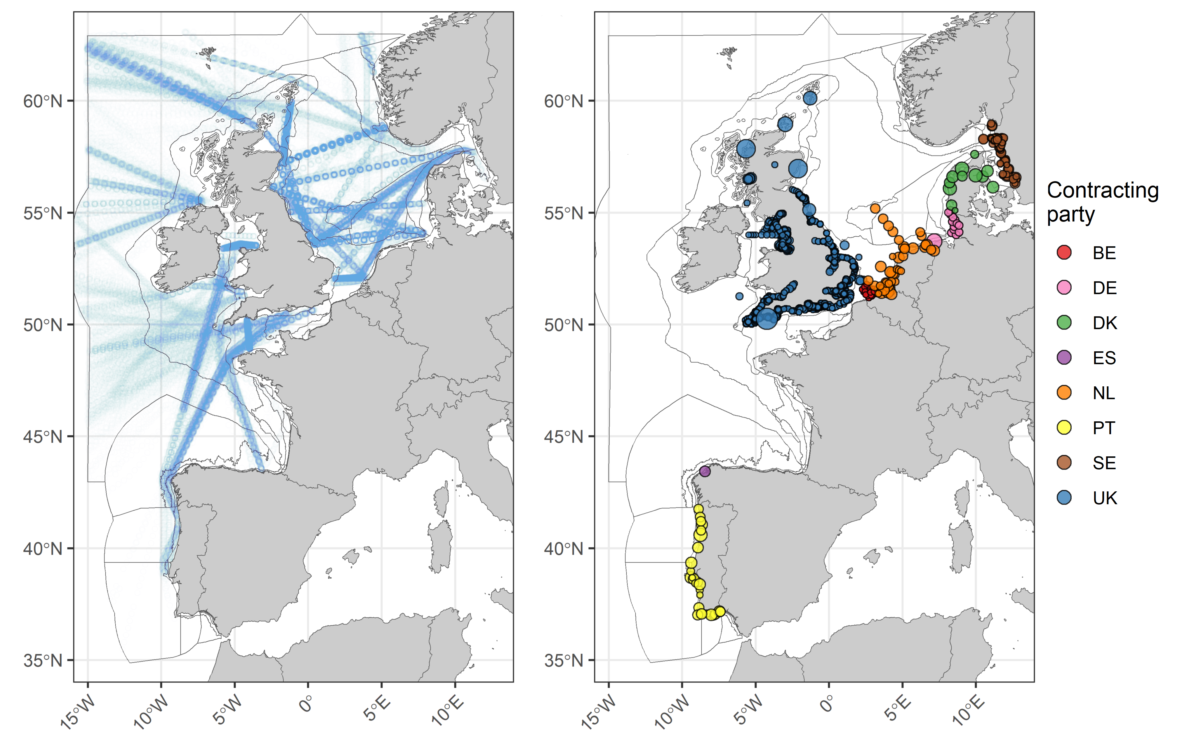 Figure d: CPR tracks and the locations of samples from all other datasets used in the assessment. For the locations, point size is proportional to the number of samples taken at each location. Points are coloured according to Contracting Party.