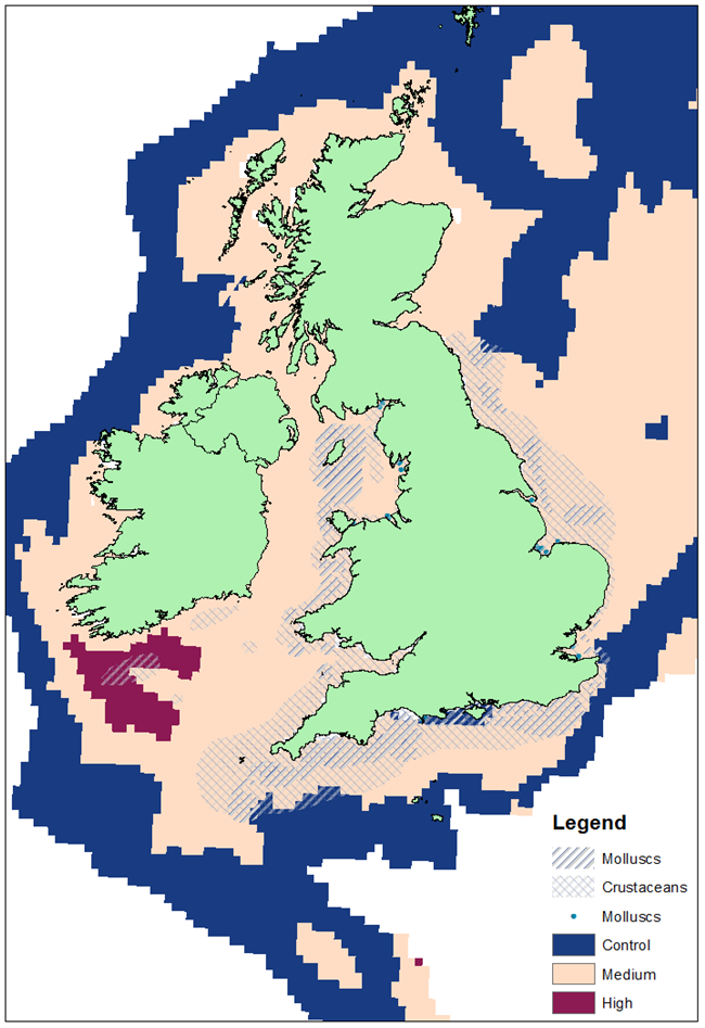 Figure 5.5: The England and Wales indicative shellfish areas and the maximum December 2080-2099 areas of control, medium and high pCO2 levels (Townhill et al.,2022, © Crown copyright 2022).