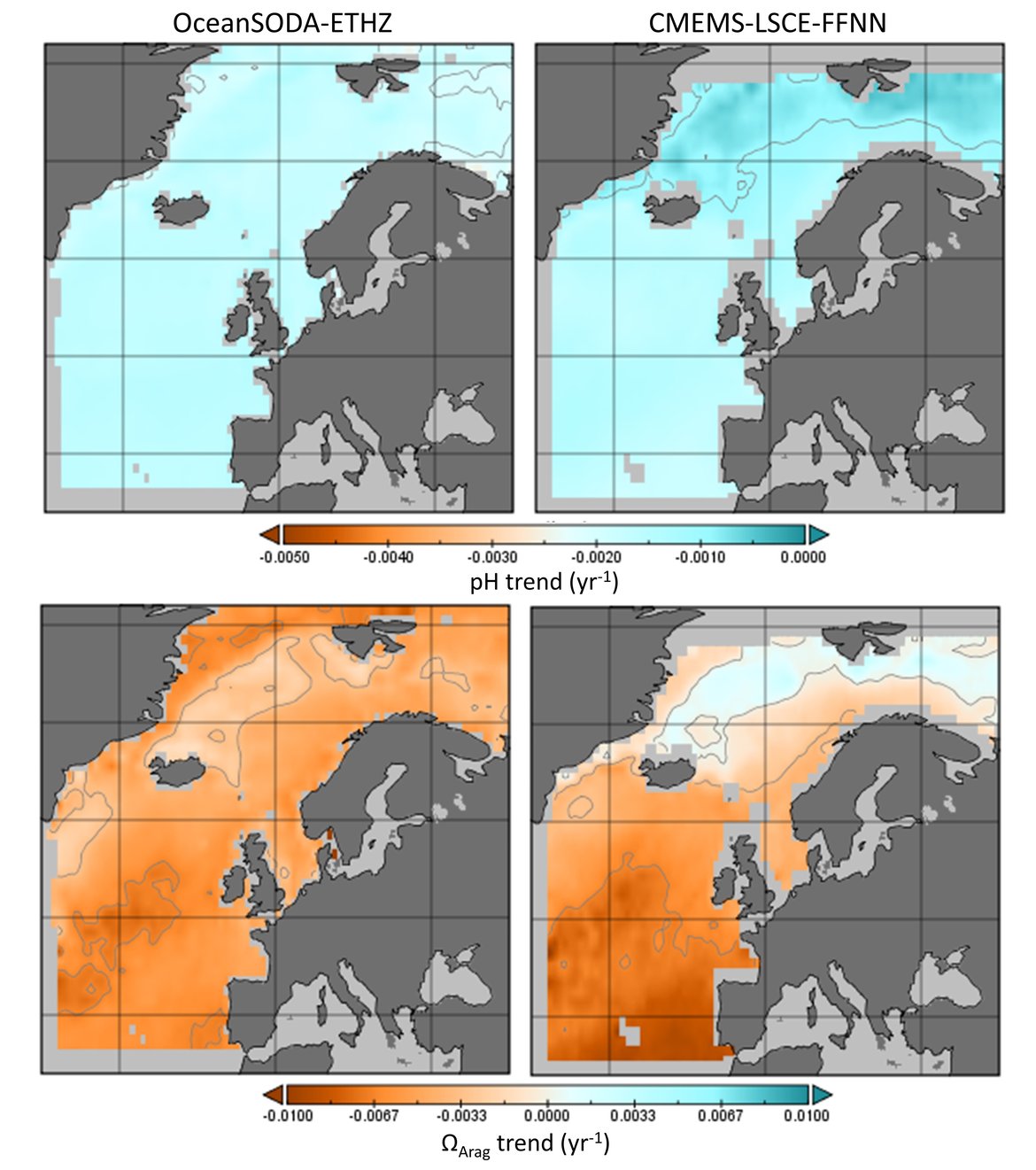 Figure 3.12: Mean trends across all OSPAR Regions for surface water pH (top panels) and aragonite saturation state (ΩArag; bottom panels) from OceanSODA-ETHZ (left) and CMEMS-LSCE-FFNN (right)