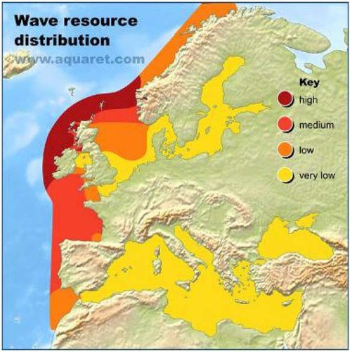 Figure 3 Wave energy resource distribution in Europe. Taken from ICES 2019, original source www.aquaret.com