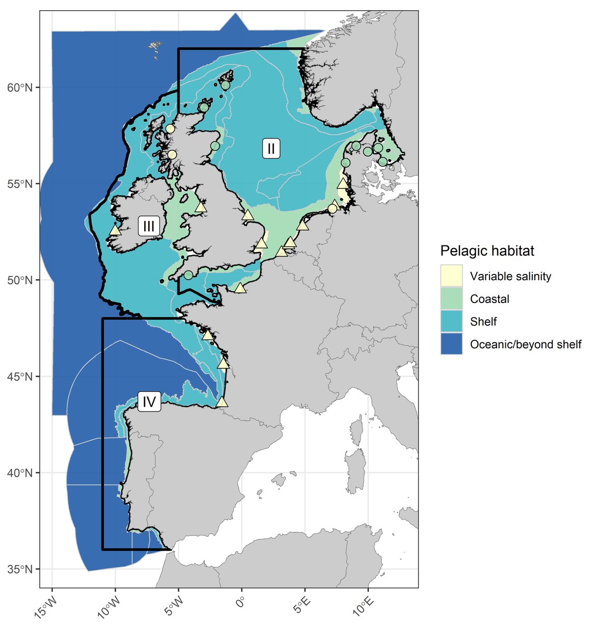 Figure c: The categorisation of COMP4 assessment units and fixed-point stations according to pelagic habitat type. Three assessed OSPAR Regions (I, II, and III) indicated by black outlines. River plumes are indicated by triangle symbols and fixed-point stations are indicated by circles.