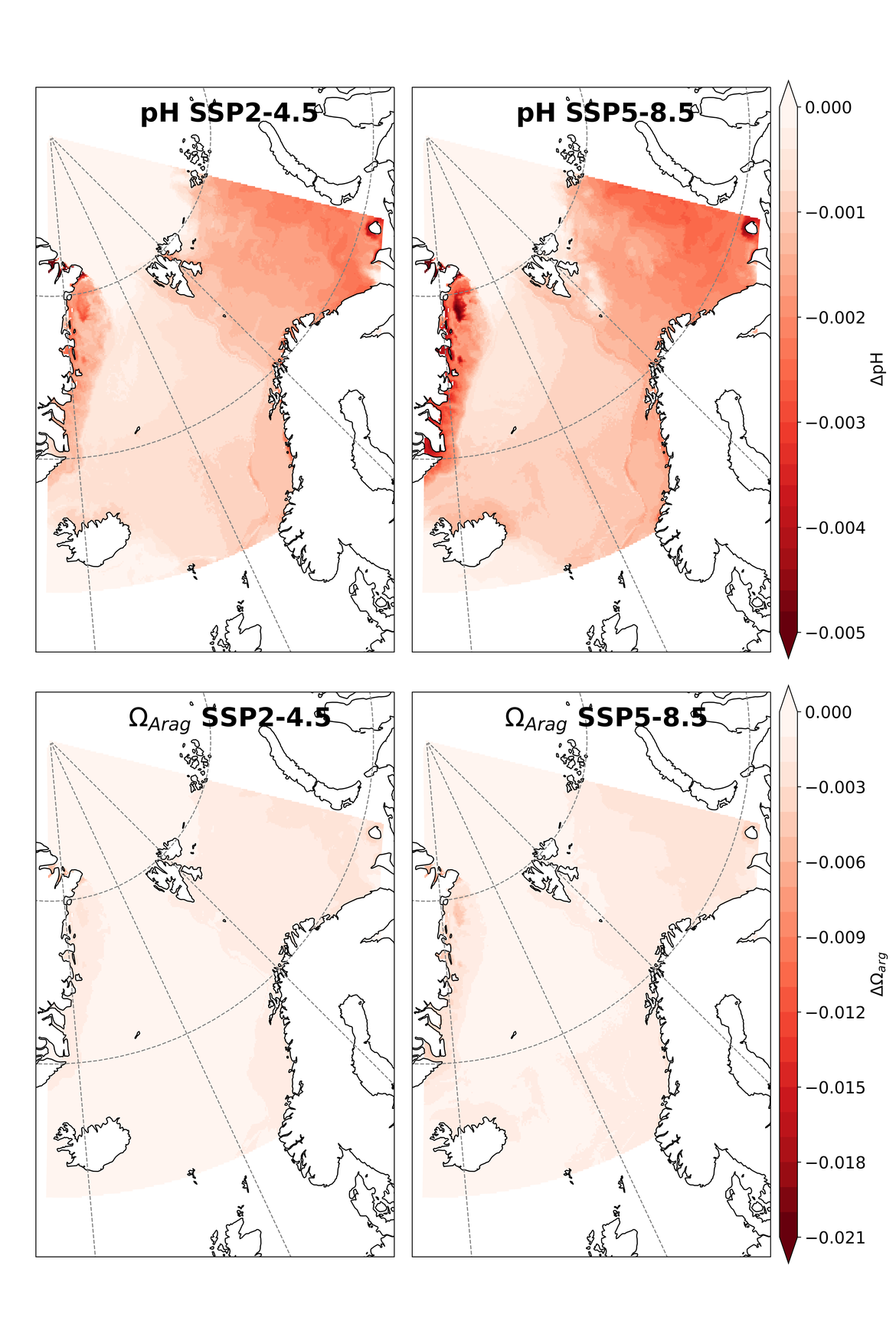 Figure 4.5: The trend of bottom waters pH (top; yr-1) and ΩArag (bottom; yr-1) between 2015 and 2049 as projected by NORWECOM.E2E under the SSP2-4.5 scenario (left) and SSP5-8.5 scenario (right) in the Arctic Waters (OSPAR Region I). Only data within the OSPAR Region has been shown.