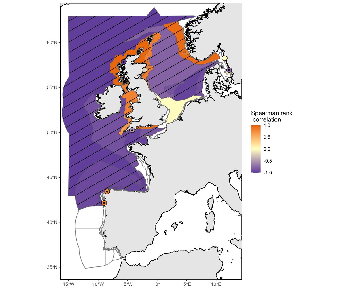 Figure 2: Trend in zooplankton abundance anomalies between the assessment period (2015–2019) and the comparison period (1960–2014). Hatched areas were characterised by significant changes (p≤0,05) in zooplankton abundance between the comparison and the assessment periods. White areas indicate no data or insufficient data to assess the area. Results of Intermittently Stratified 1 (Scotland) and Atlantic Seasonally Stratified (Ireland) assessment units should be interpreted cautiously as CPR samples were extrapolated across much larger assessment units.