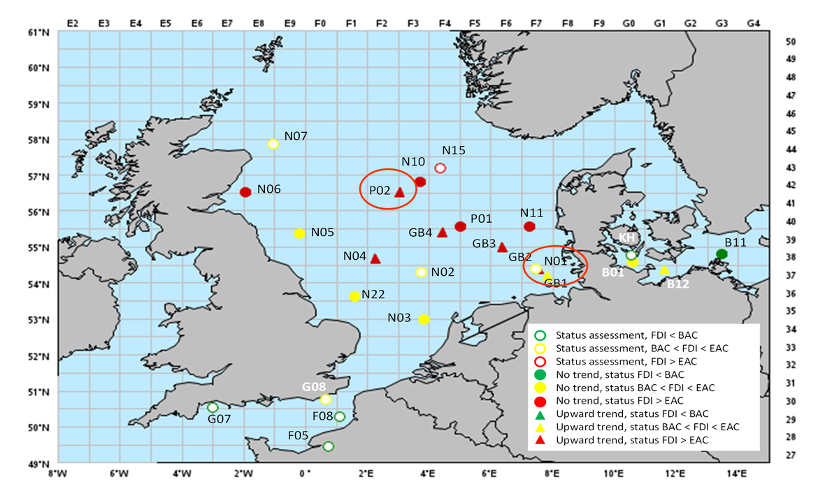 Figure 12: Results of the German fish disease monitoring programme 1998-2018: Status and trends in Fish Disease Index (FDI) for dab (L. limanda) from the North Sea and adjacent areas assessed by MIME.