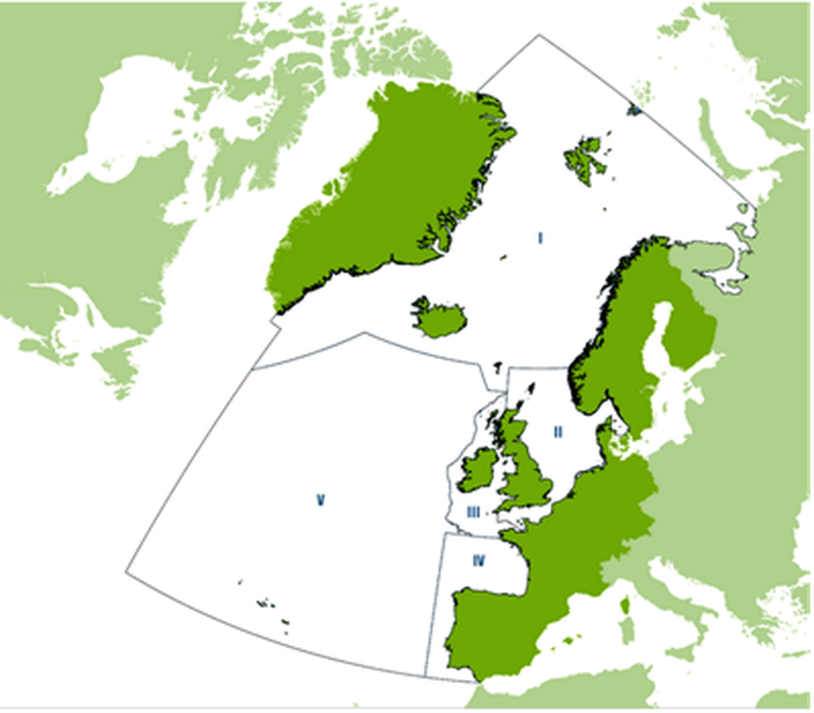 Figure 1: OSPAR Regions. BRGU are breeding only within Region I (Arctic waters). Copyright © OSPAR Commission Figure 1: OSPAR Regions. BRGU are breeding only within Region I (Arctic waters). Copyright © OSPAR Commission