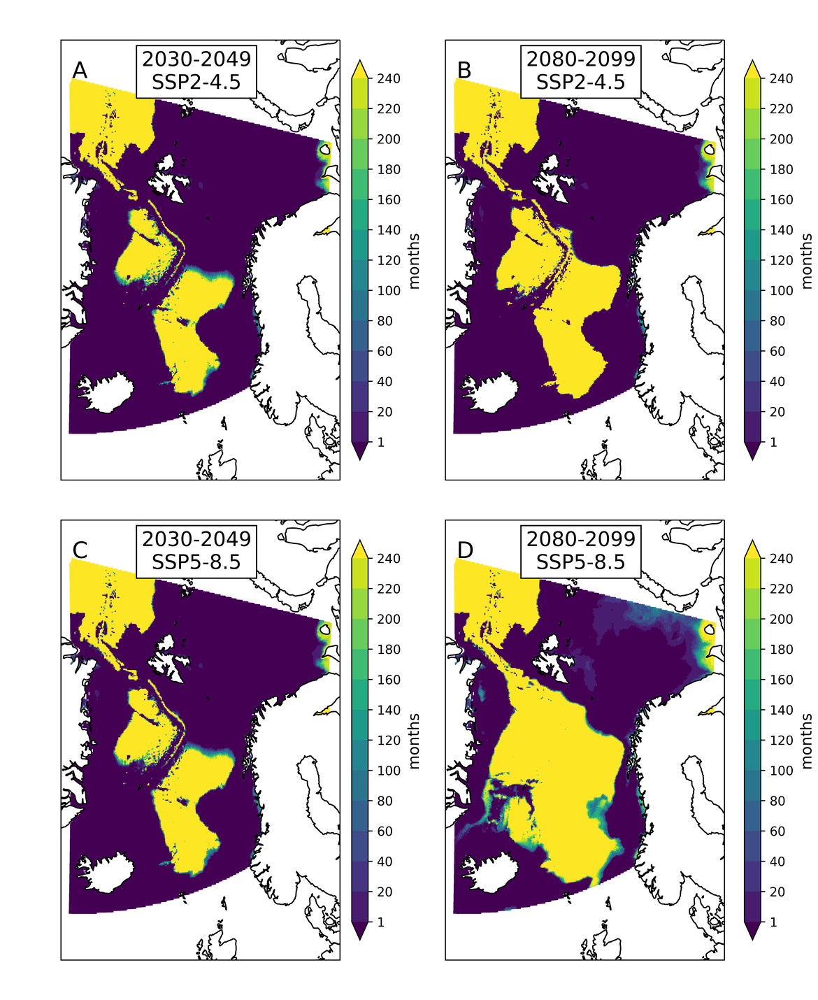 Figure 4.9: Areas (and frequency) where aragonite undersaturation (ΩArag < 1) will occur in bottom water by mid-century (panels A-C) and by the end of the century (panels B-D).