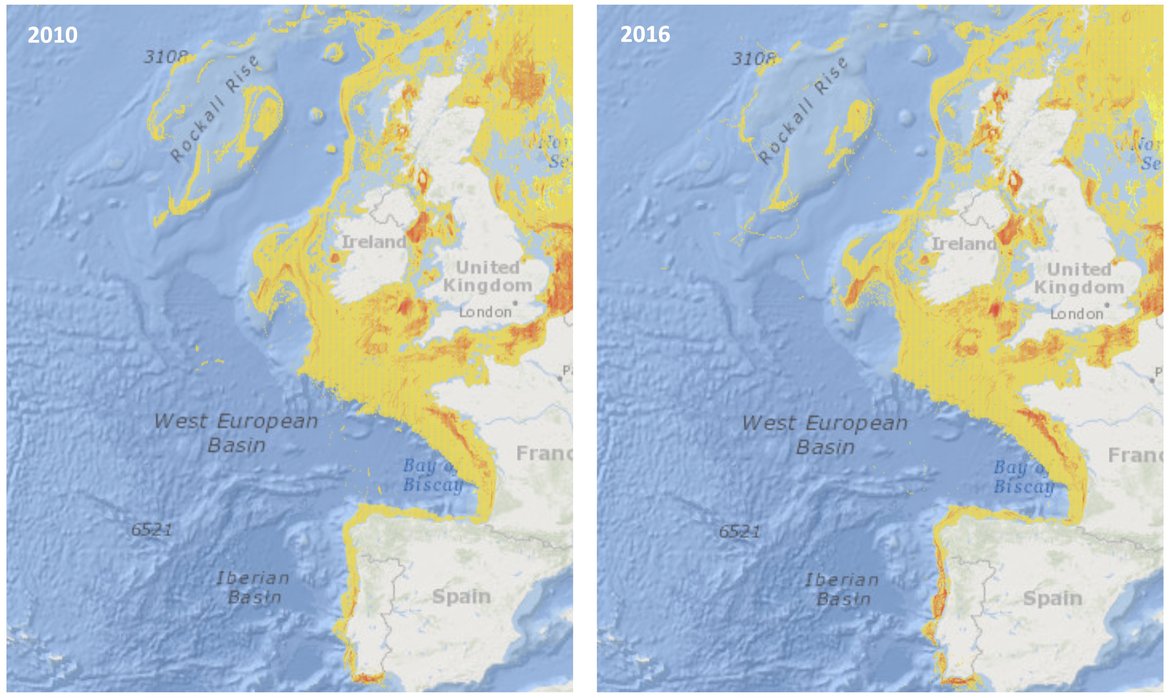 Figure 5: Subsurface bottom fishing intensity (swept-area ratio) submitted by ICES to OSPAR BDC (reported in draft EIHA Feeder Report) since the last assessment in 2010 (left panel) and in 2016 (right panel), showing a possible displacement of bottom fishing activity on Porcupine Bank over time (https://odims.ospar.org/en/submissions/ospar_bottom_f_intensubsur_2016_01/)