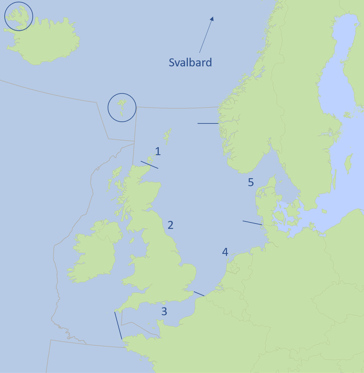 Figure b. The five fulmar EcoQO sub-regions within the Greater North Sea (OSPAR Region II) and additional locations named in text. Figure b. The five fulmar EcoQO sub-regions within the Greater North Sea (OSPAR Region II) and additional locations named in text.