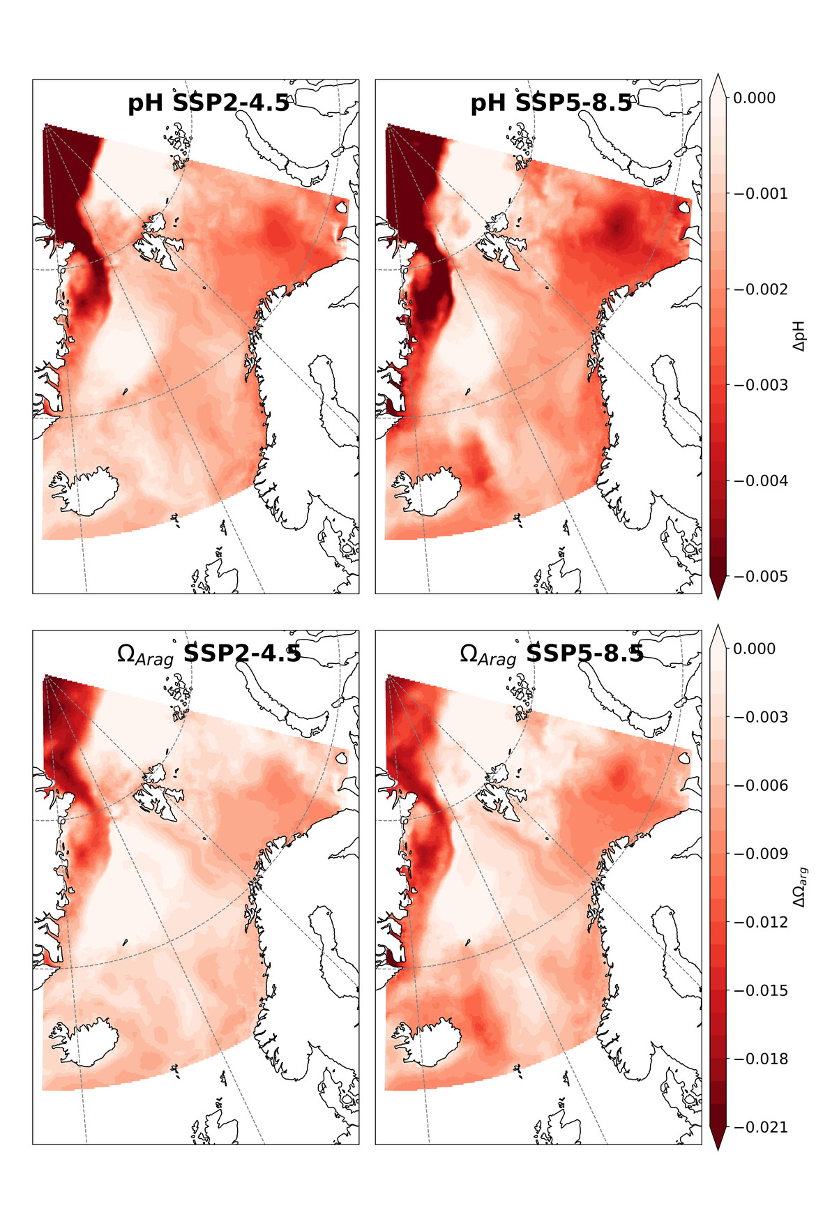 Figure 4.3: Trend of surface pH (top; yr-1) and ΩArag (bottom; yr-1) between 2015 and 2049 as projected by the NORWECOM model under the SSP2-4.5 scenario (left) and SSP5-8.5 scenario (right). Only data within the OSPAR Regions has been shown.