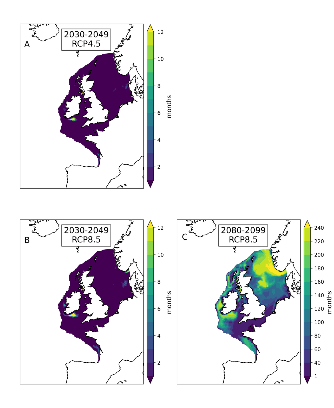 Figure 4.11: Areas (and frequency) where aragonite undersaturation (ΩArag < 1) will occur in bottom water on the shelf waters by mid-century (panels A-B) and by the end of the century (panel C). Panel A shows the areas where undersaturation occurs in scenario RCP4.5 and its frequency in the period from 2030 to 2049. The dark blue colour shows areas where undersaturation never occurs, the yellow colour highlights areas where undersaturation occurs more frequently (at most a month per year on average). Panels B and C show the same for the scenario RCP8.5 for the mid-century (B) and the end of the century (C). Note that panel C has a different colour range: here a yellow colour means that undersaturation is a constant feature in those 20 years. No simulation was available for the end of the century for scenario RCP4.5. Only data within the OSPAR Region has been shown.