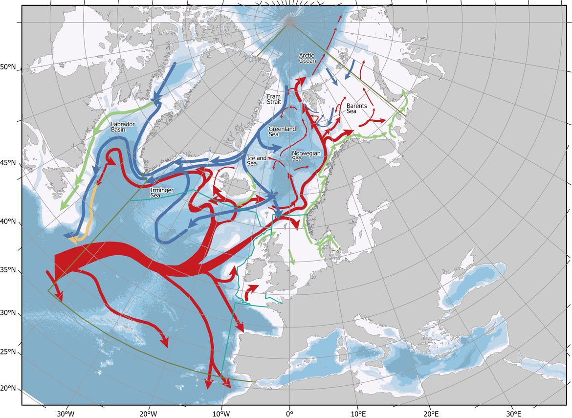 Figure 2.4: The OSPAR Regions with the main ocean currents.