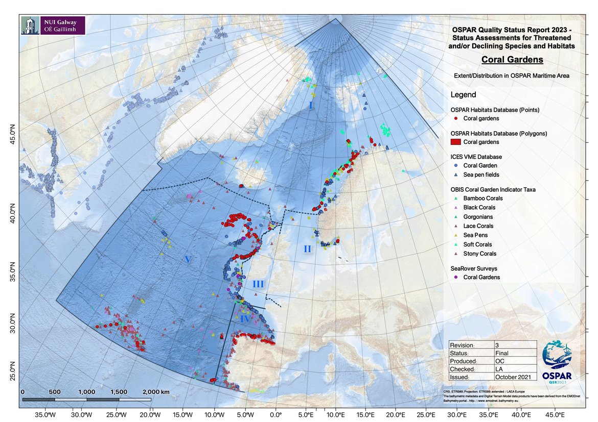 Figure 1: Distribution of known coral gardens in the OSPAR maritime area, and occurrence of coral species that could be indicative of coral garden presence.