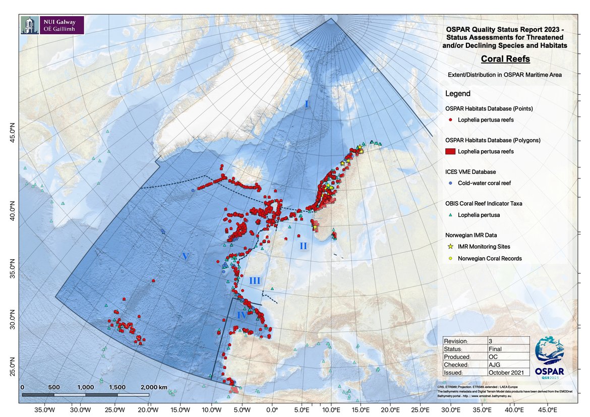 Figure 1: Distribution of known Lophelia pertusa reef in the OSPAR area.