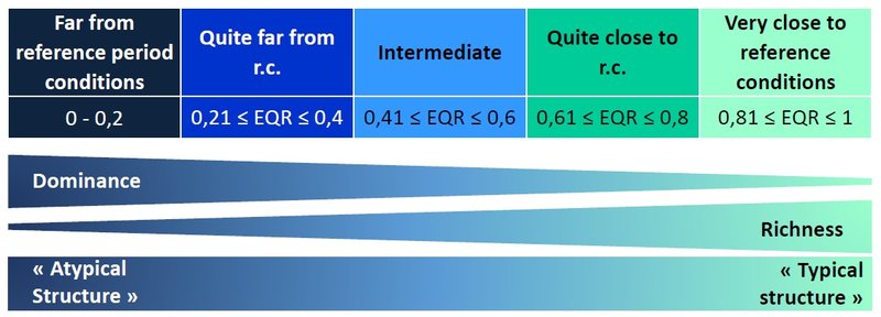 Figure b: Ecological Quality Ratio (EQR) and its significance in relation to the comparison conditions (from Duflos et al., 2017). In the current OSPAR assessment, the EQR is used as a continuous metric, from 0 to 1 with values of EQR close to 0 indicating high dominance, low richness in the sample and “atypical” community structure. Values of EQR close to 1 indicate low dominance, high richness in the sample and “typical” community structure. Arbitrary classes were displayed as illustration.