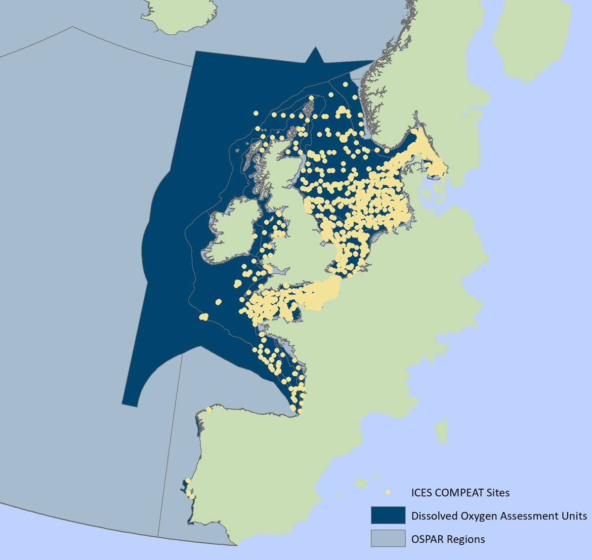 Figure d: Assessed area showing sites where ICES data were available for the period 2015–2020 Filtered by season (stratification season 1 July–31 October), depth (within 10 m of the seafloor) to obtain the specific data required for the assessments