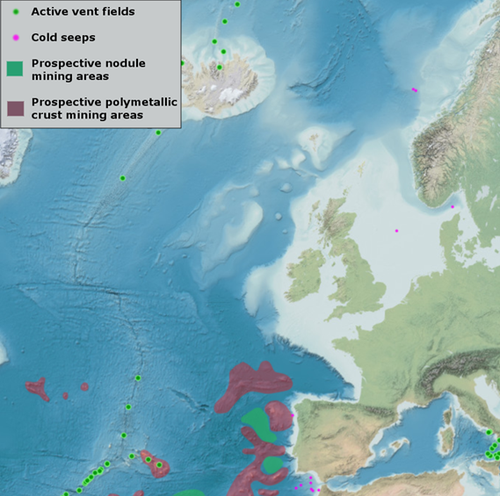 Figure 1 Known and predicted distribution of seafloor mineral resources in the OSPAR marine area Figure 1 Known and predicted distribution of seafloor mineral resources in the OSPAR marine area