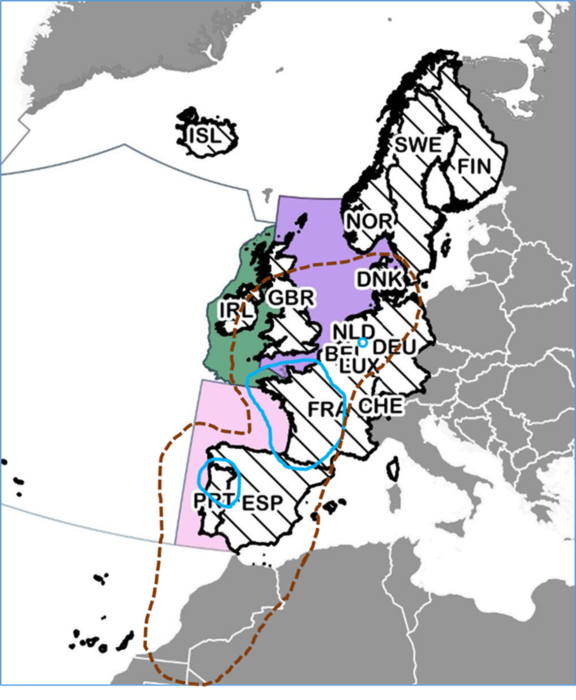 Figure 1: Historical (red dotted line) and current (blue line) primary distribution of Allis shad in the OSPAR Maritime Area (modified after Baglinière et al., 2003). The small blue circle refers to natural reproduction observed in the river Rhine (Germany) after a restocking program (Hundt et al., 2015).