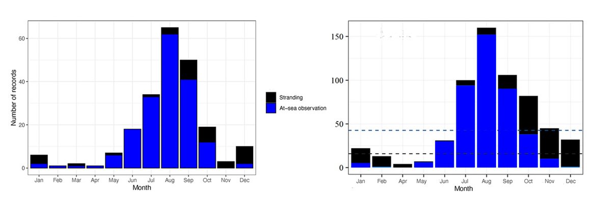 Figure 1: Monthly records of leatherback turtles in (a) UK and Irish (TURTLE database; n=216) and (b) French (CESTM database; n=605) waters between 2009-2019. The blue and black dotted lines represent the average numbers of stranding and at-sea observations.