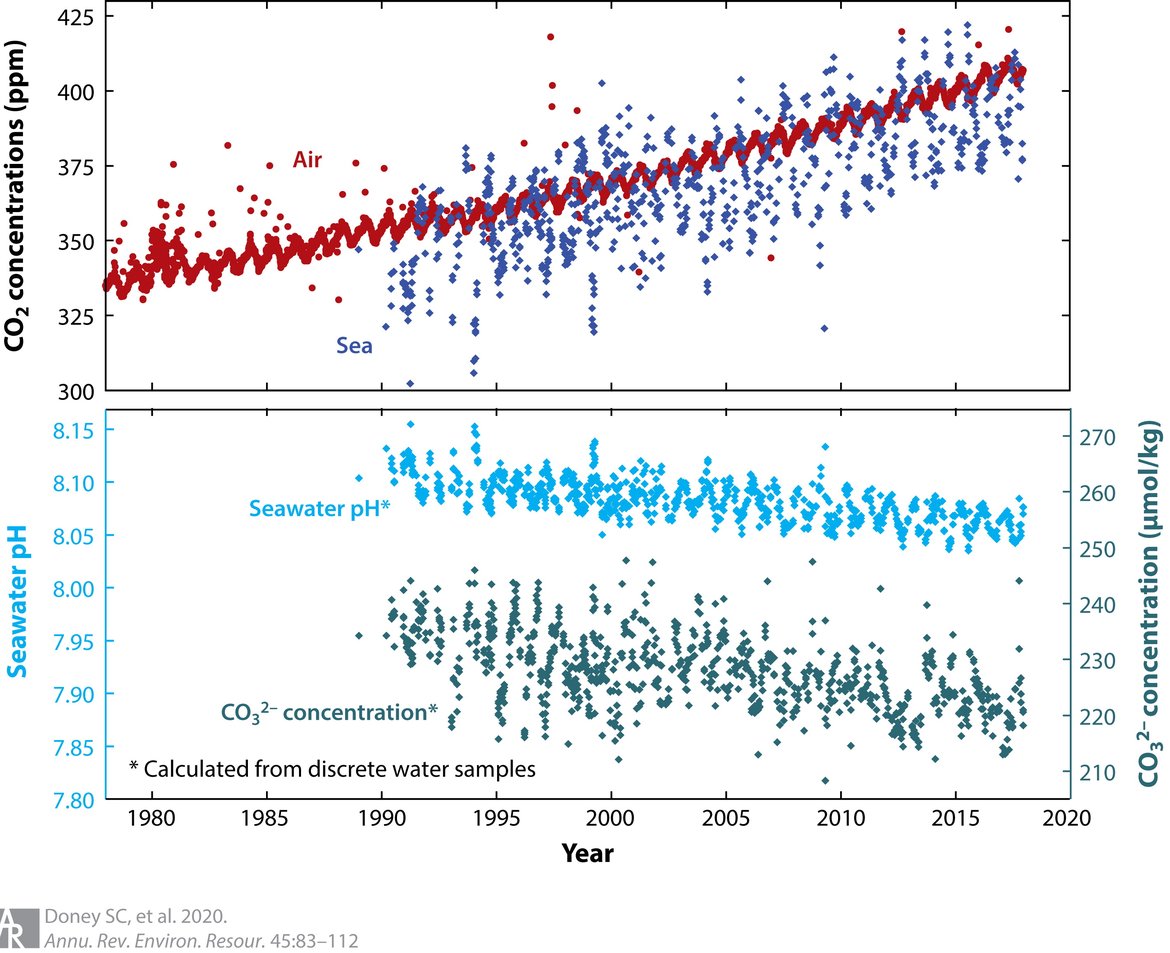 Figure 2.1: Trends in surface (< 50 m) ocean carbonate chemistry calculated from observations obtained at the Hawaii Ocean Time-series (HOT) Program in the North Pacific during 1988–2015